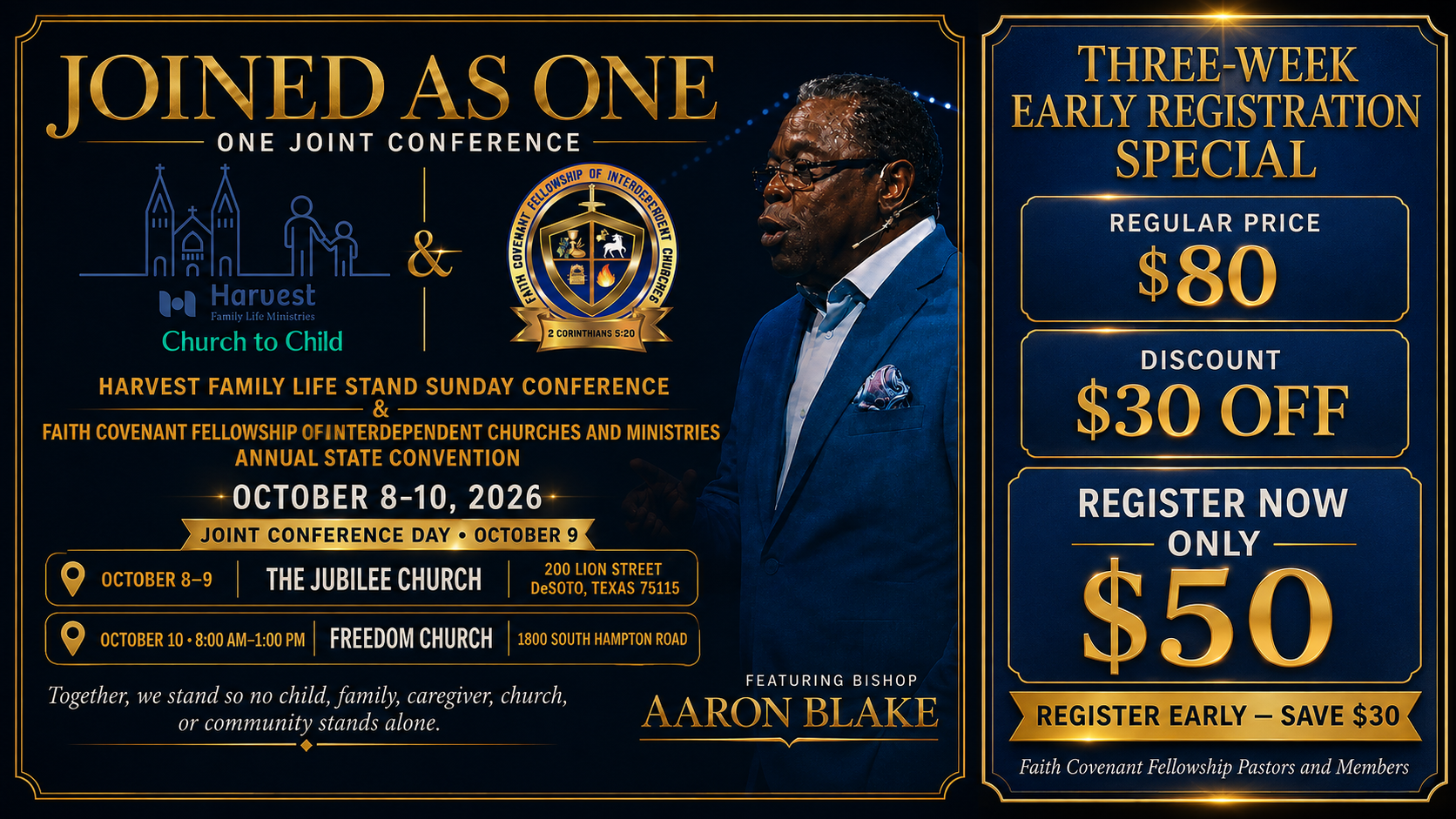 Joined as One invitation featuring Bishop Aaron Blake, Harvest Family Life Ministries, Stand Sunday, and Faith Covenant